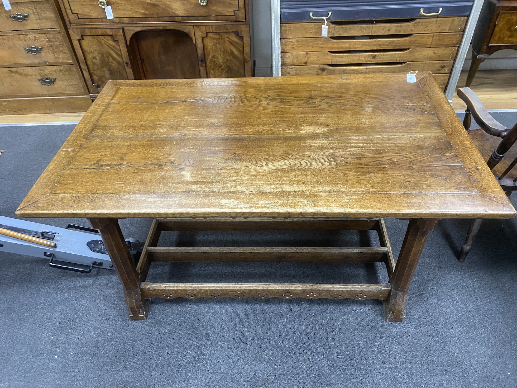 A late Victorian aesthetic movement rectangular oak serving table, length 152cm, depth 91cm, height 76cm